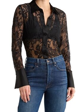 L'AGENCE Reims Lace Button-Up Blouse Size M Black Sheer Floral Lace